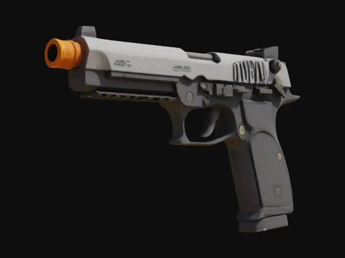 3D model for James Bond Secret Agent Pistol, semi-automatic pistol, huge barrel, Game Asset, Ultra Realistic, Unreal engine 5 FPS game, Call of duty, PKV MARK 3, HAMMER Edition, ARCH Compatible Barrel Muzzle Break