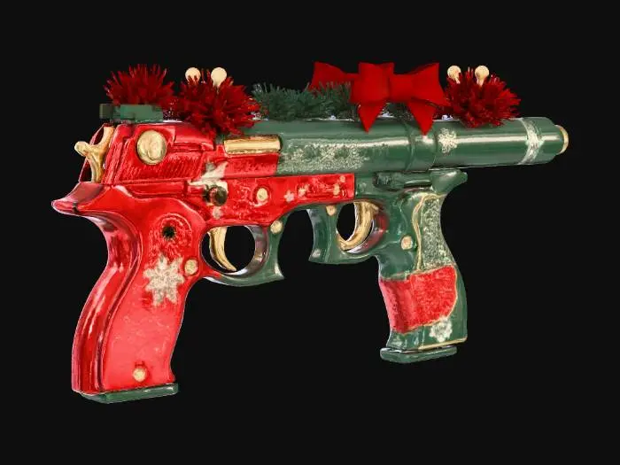 3D model for A long-barreled tactical pistol, blending the sleek lines of an FN Five-Seven with the robustness of an HK USP, is reimagined with a vibrant Christmas aesthetic. Its main body is molded from a glossy, candy apple red polymer, contrasted by a deep forest green slide. The oversized suppressor is designed as a metallic gold cylinder, intricately wrapped with a shimmering silver ribbon texture and adorned with tiny, delicate snowflake engravings. A festive bow made of crimson velvet is tied around the suppressor's base, while the grip features a subtle, pine-needle textured pattern. , #Christmas2025#