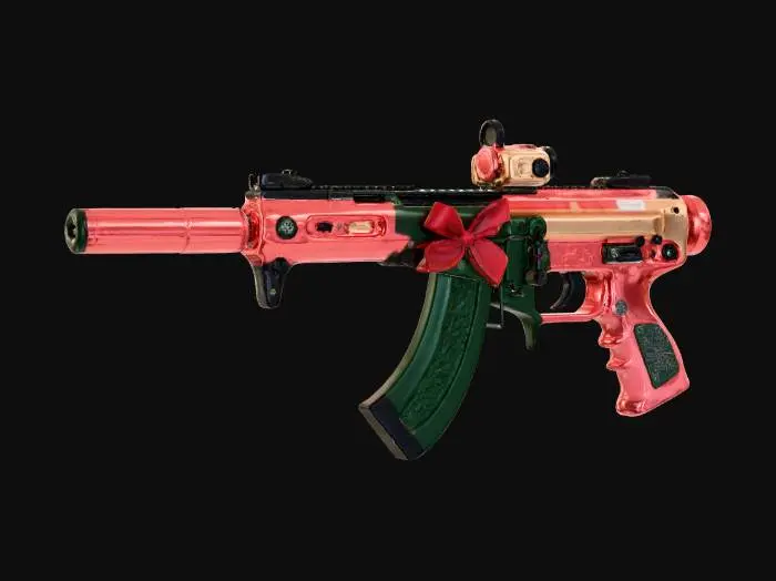 3D model for A long-barreled tactical pistol, blending the sleek lines of an FN Five-Seven with the robustness of an HK USP, is reimagined with a vibrant Christmas aesthetic. Its main body is molded from a glossy, candy apple red polymer, contrasted by a deep forest green slide. The oversized suppressor is designed as a metallic gold cylinder, intricately wrapped with a shimmering silver ribbon texture and adorned with tiny, delicate snowflake engravings. A festive bow made of crimson velvet is tied around the suppressor's base, while the grip features a subtle, pine-needle textured pattern. , #Christmas2025#