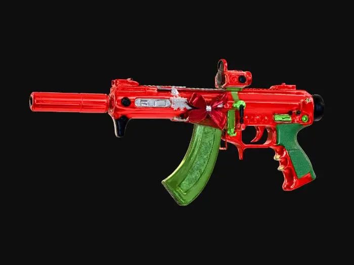 3D model for A long-barreled tactical pistol, blending the sleek lines of an FN Five-Seven with the robustness of an HK USP, is reimagined with a vibrant Christmas aesthetic. Its main body is molded from a glossy, candy apple red polymer, contrasted by a deep forest green slide. The oversized suppressor is designed as a metallic gold cylinder, intricately wrapped with a shimmering silver ribbon texture and adorned with tiny, delicate snowflake engravings. A festive bow made of crimson velvet is tied around the suppressor's base, while the grip features a subtle, pine-needle textured pattern. , #Christmas2025#