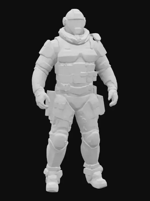 3D model for Stalker Shadow of Chernobyl Military power armor Exoskeleton with ballistic vest and wearing a harness but also fabric armor around the legs and forearms, A-pose, realistic, padded fabric armor molle webbing, , large pouches sides of legs
, #game figure#
