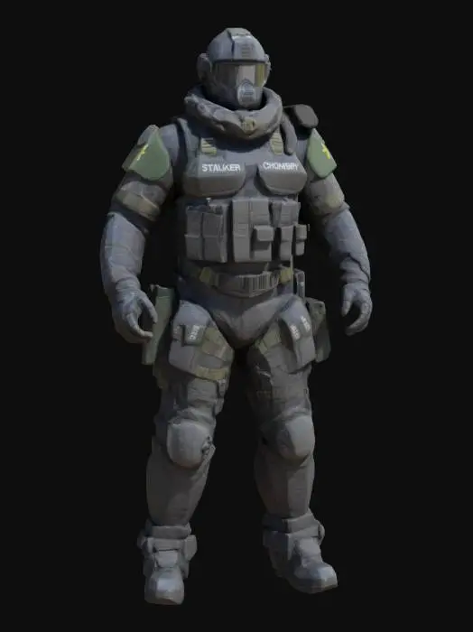 3D model for Stalker Shadow of Chernobyl Military power armor Exoskeleton with ballistic vest and wearing a harness but also fabric armor around the legs and forearms, A-pose, realistic, padded fabric armor molle webbing, , large pouches sides of legs
, #game figure#