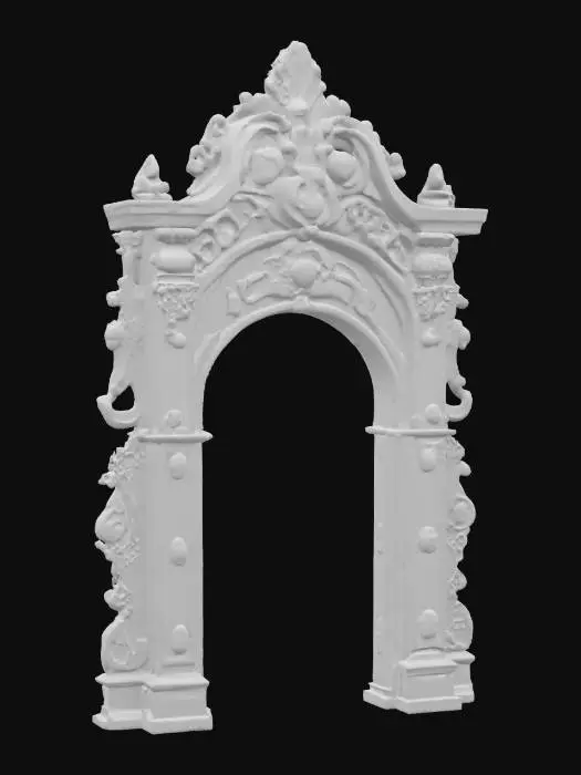 3D model for An elaborate, highly decorative arch sculpted from polished white marble, extensively embellished with intricate gold leaf patterns and relief carvings. Its surface is cool and incredibly smooth, contrasted by the slightly raised, textured feel of the gilded details. The primary color is a pristine, almost translucent white, accented by the opulent, lustrous gold that covers scrolls, floral motifs, and mythological figures. The arch features a complex, multi-layered structure with ornate cornices and pilasters, exuding a sense of grandeur and baroque splendor.