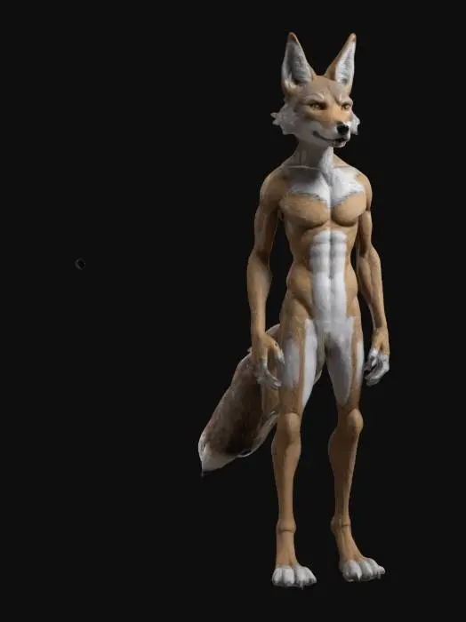 3D model for anthro coyote, by taran fiddler, full body, realistic head, standing upright, muscular, symmetrical, character, #hard surface# 