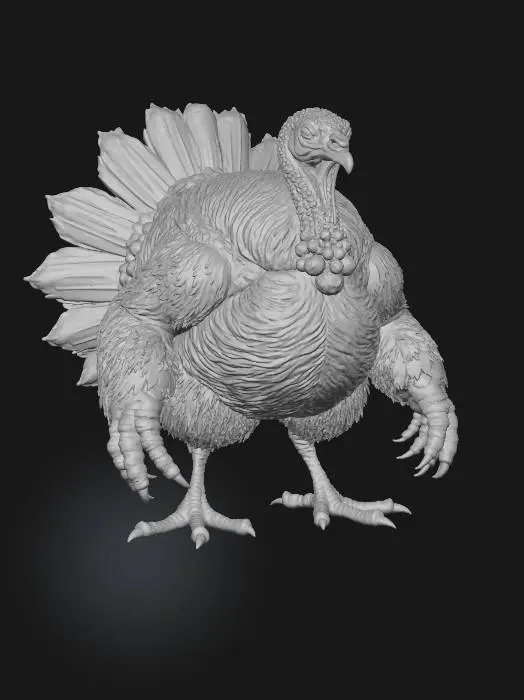 3D model for {
  "Object": "Monstrous anthro Thanksgiving turkey",
  "Material": "dense feathers, keratin beak and talons, sinewy flesh",
  "Shape_Form": "humanoid with elongated limbs, broad torso, predatory stance, large head, spiked tail fan",
  "Color_Scheme": "dark brown, crimson, bronze",
  "Texture_Details": "matted feathers, rough skin, sharp ridges",
  "Style": "realistic horror PBR",
  "Environment_Use_Context": "dim harvest field",
  "Reference_Models": "dark fantasy birdfolk"
}

, #Thanksgiving#,