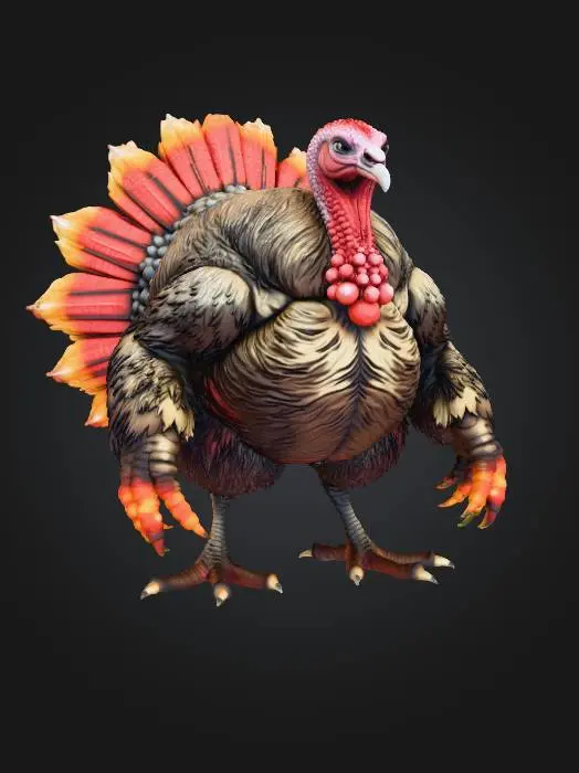 3D model for {
  "Object": "Monstrous anthro Thanksgiving turkey",
  "Material": "dense feathers, keratin beak and talons, sinewy flesh",
  "Shape_Form": "humanoid with elongated limbs, broad torso, predatory stance, large head, spiked tail fan",
  "Color_Scheme": "dark brown, crimson, bronze",
  "Texture_Details": "matted feathers, rough skin, sharp ridges",
  "Style": "realistic horror PBR",
  "Environment_Use_Context": "dim harvest field",
  "Reference_Models": "dark fantasy birdfolk"
}

, #Thanksgiving#,