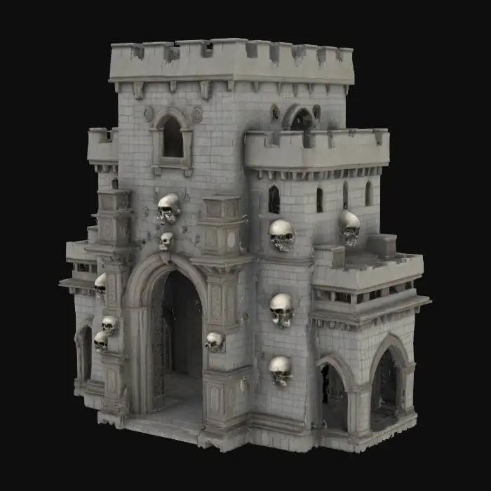 3D model for  highly decorative RTS structure of a defensive Castle, adorned with strong archway doors to its inner courtyard, extensively embellished with intricate skull patterns and relief carvings, baroque horror spooky style, #arch#,  Age of Empires style