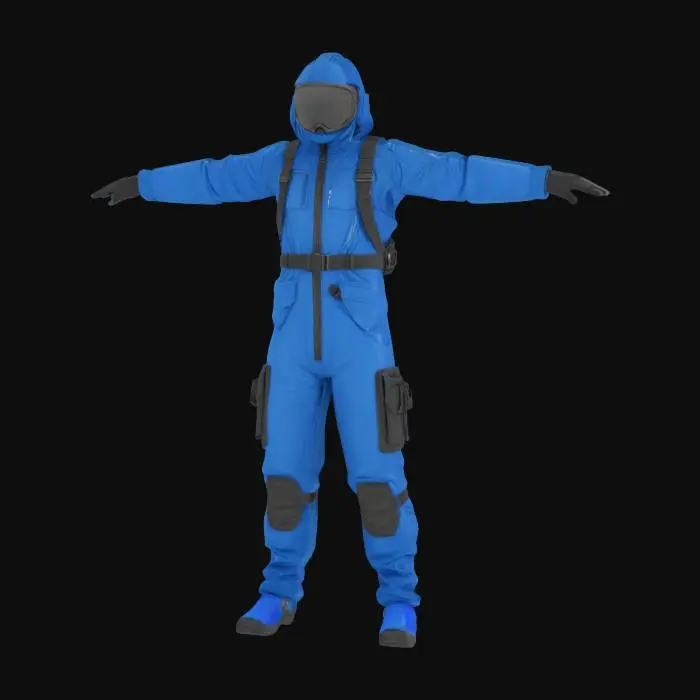 3D model for flight jumpsuit, long sleeves, harness, tactical overalls, blue color scheme, T-pose, A-pose , #realistic# 