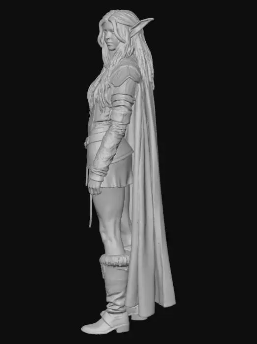 3D model for A small, elvish woman with long dark hair and light brown skin wearing leather armor and fur lined boots.  Her ears are long enough that the tips peek out through her hair. She is standing at ease with her hands at her sides.  She is looking slightly askance at the camera with a teasing smile. Ultra Realistic