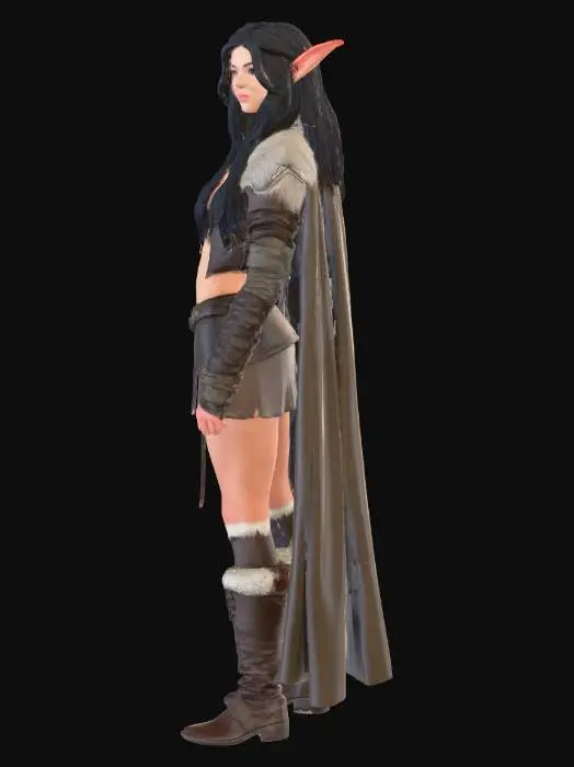 3D model for A small, elvish woman with long dark hair and light brown skin wearing leather armor and fur lined boots.  Her ears are long enough that the tips peek out through her hair. She is standing at ease with her hands at her sides.  She is looking slightly askance at the camera with a teasing smile. Ultra Realistic