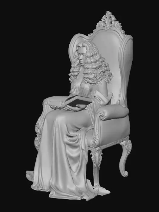 3D model for A photograph from a short distance away of a small woman wearing heavy robes sitting in a large chair and reading a book.  She has long brown curly hair.  Ultra realistic. Full length.