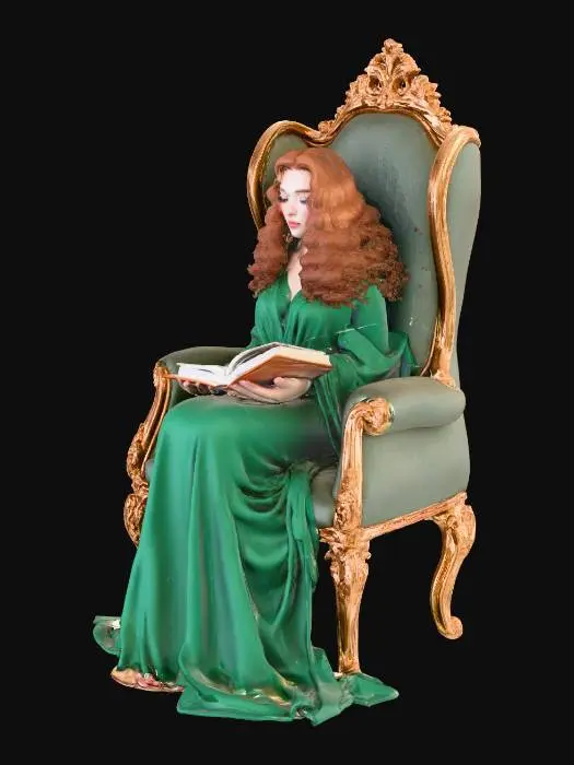 3D model for A photograph from a short distance away of a small woman wearing heavy robes sitting in a large chair and reading a book.  She has long brown curly hair.  Ultra realistic. Full length.