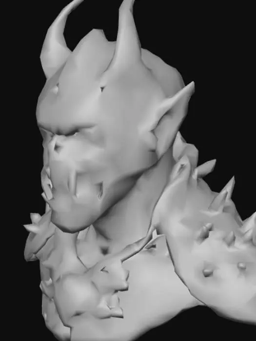 3D model for A towering villain with sharp, angular features and deeply sunken eyes that glow with malevolent red light. Its skin is a leathery, scarred texture, a dark, sickly green hue, stretched taut over prominent bone structures, suggesting a gaunt yet powerful form. Jagged, dark iron armor with spiky protrusions covers its shoulders and forearms, reflecting a dull, oppressive sheen. A grimace twists its face, revealing sharpened teeth, conveying an aura of pure menace and cold cruelty.