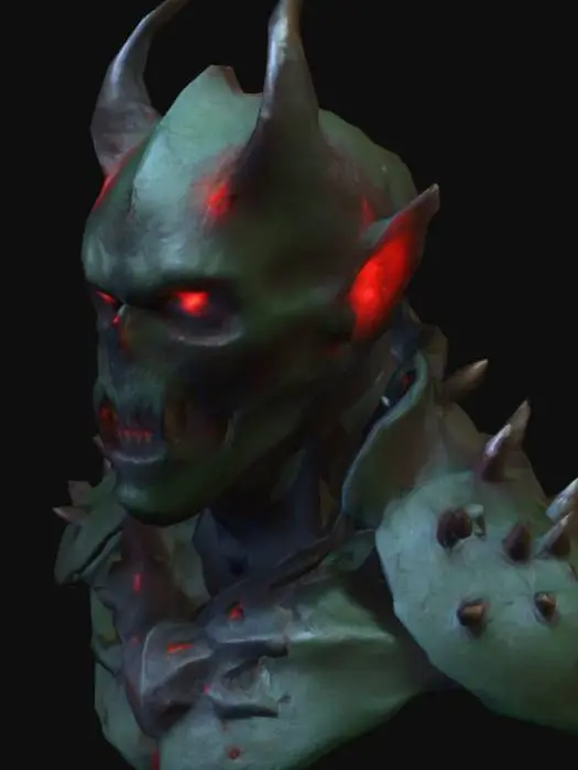 3D model for A towering villain with sharp, angular features and deeply sunken eyes that glow with malevolent red light. Its skin is a leathery, scarred texture, a dark, sickly green hue, stretched taut over prominent bone structures, suggesting a gaunt yet powerful form. Jagged, dark iron armor with spiky protrusions covers its shoulders and forearms, reflecting a dull, oppressive sheen. A grimace twists its face, revealing sharpened teeth, conveying an aura of pure menace and cold cruelty.