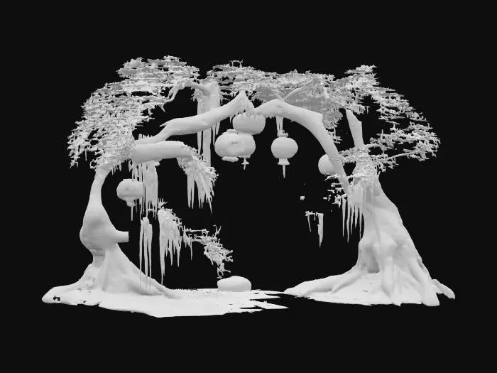 3D model for stylized game asset of a twisted arch formed from two autumn trees with hanging moss and glowing paper lanterns hanging on ropes, a pond is blow the trees, surrounded by their roots #arch#