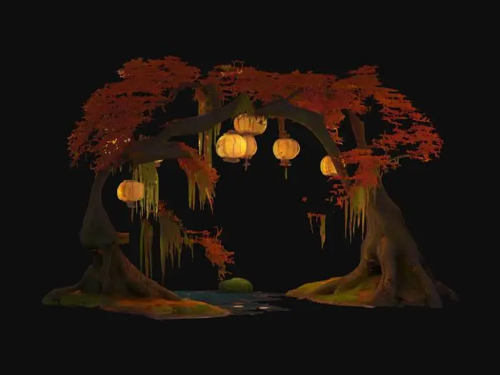3D model for stylized game asset of a twisted arch formed from two autumn trees with hanging moss and glowing paper lanterns hanging on ropes, a pond is blow the trees, surrounded by their roots #arch#