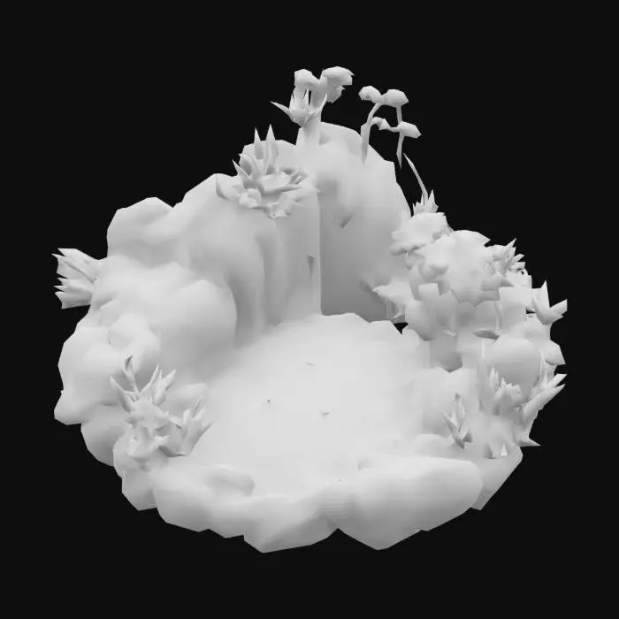 3D model for Toy-like object composed of rocks and plants surrounding a central blue pond with a waterfall.  Soft textures.  Vibrant Colors.  Highly Stylized.  Dungeons & Dragons. DND.  High-resolution.