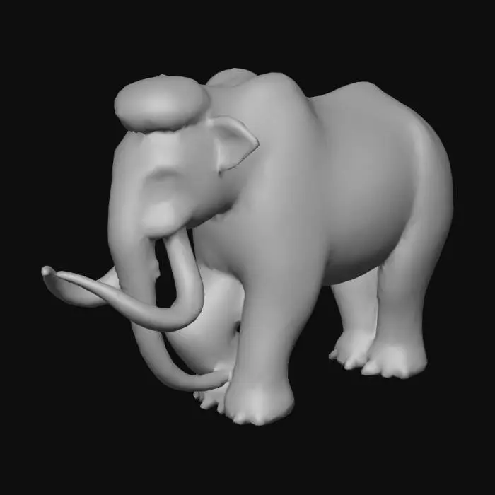 3D model for A colossal Woolly Mammoth stands majestically, its immense body covered in a dense, shaggy coat of thick, reddish-brown fur, giving it a coarse and bristly texture. Two massive, curving ivory tusks, yellowed and worn, emerge from its skull, spiraling outwards. Its broad head features small, intelligent eyes and a sturdy trunk, while powerful columnar legs support its immense weight. The overall impression is one of ancient strength and resilience.
