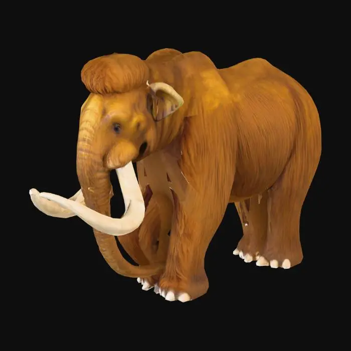 3D model for A colossal Woolly Mammoth stands majestically, its immense body covered in a dense, shaggy coat of thick, reddish-brown fur, giving it a coarse and bristly texture. Two massive, curving ivory tusks, yellowed and worn, emerge from its skull, spiraling outwards. Its broad head features small, intelligent eyes and a sturdy trunk, while powerful columnar legs support its immense weight. The overall impression is one of ancient strength and resilience.