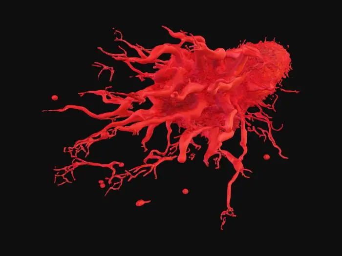 3D model for Generate an AI image of a dynamic explosion of red organic filaments, resembling blood vessels or neural pathways, bursting outward from a single focal point on the right side of the canvas. The filaments should radiate with increasing chaos and density as they spread toward the left, mimicking the energy and motion of a muzzle flash or shockwave. Use a clean white background to highlight the intricate red structures and convey a sense of biological intensity and motion.