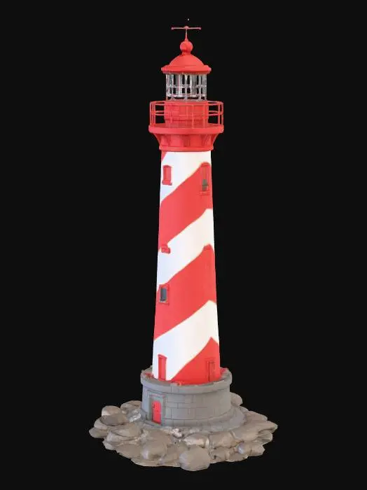 3D model for A tall, realistic lighthouse about 10 stories high, standing on a rocky coastal base. The structure is cylindrical and tapers slightly upward. It has a red and white spiral pattern on the exterior, small windows along the height, and a viewing balcony near the top. At the top, there is a standard rotating lighthouse spotlight enclosed in a glass dome with a metallic frame. The materials should look realistic — weathered painted concrete, metal railing, and glass for the light housing. The overall look should be clean but slightly aged from sea weather, with detailed textures.