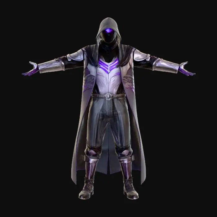 3D model for A mysterious elite assassin with a calm yet deadly presence.
Wears a dark outfit in shades of black, grey, and deep violet, accented with subtle metallic textures.
Partial mask covering the face, glowing violet eyes faintly visible.
Light armor pieces, hidden blades, gloves, and a hooded cloak.
Subtle purple reflections on armor edges (not too shiny).
Scene atmosphere: misty, dim light, cinematic shadows.
Style: dark fantasy, stealth assassin, realistic, game-ready, cinematic lighting, Unreal Engine style.