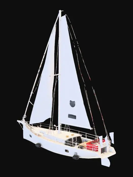 3D model for a medium size sail yacht with detailed interior with seprate room captains cabin with boat staring nevigation tool and some equment and to rooms with 2 set of bunk beds each with some tool storage area water pumps wooden planks and also a corridor with ropes life jacket and some swimming tubes and for exterior it should have two sail a big and a smaller bigger sail is closed and small sail is half open with wet wooden surface and white clour body and few flooting tube mounted on the cabins walls