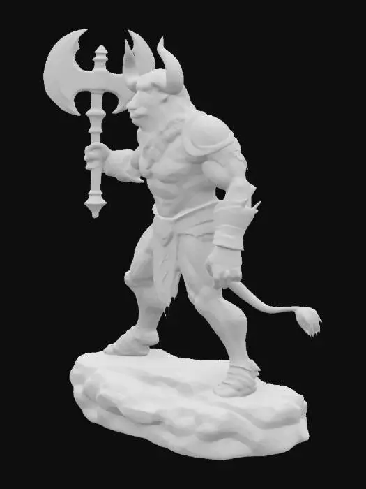 3D model for A formidable minotaur statue cast in antiqued bronze, depicted in a dynamic, aggressive striking pose with a double-bladed axe raised high. Its powerful, muscular humanoid body features intricate armor details on the shoulders, waist, and shin wraps, contrasting with the textured fur on its bull-like head. The surface exhibits varying patinas, from dark greenish-brown to lighter metallic gold, giving it a weathered, tactile appearance as it stands firmly on a rugged, rock-like base.