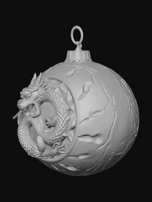 3D model for A carved high gloss marble Christmas ornament, spherical in shape, with a slightly frosted or textured yellowish-beige surface that hints at age. A metallic golden cap with ridged details sits atop, featuring a small loop for hanging. Carved nside  sphere, a coiled, fierce-looking green dragon rests. Its body is covered in detailed, interlocking scales, with a lighter underside. It has sharp claws, spiky dorsal fins, and leathery, cream-colored wings. Its head is angular, featuring yellow eyes and an open mouth revealing sharp white teeth and a red tongue. solid model for 3d printing