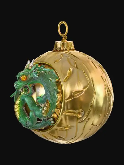 3D model for A carved high gloss marble Christmas ornament, spherical in shape, with a slightly frosted or textured yellowish-beige surface that hints at age. A metallic golden cap with ridged details sits atop, featuring a small loop for hanging. Carved nside  sphere, a coiled, fierce-looking green dragon rests. Its body is covered in detailed, interlocking scales, with a lighter underside. It has sharp claws, spiky dorsal fins, and leathery, cream-colored wings. Its head is angular, featuring yellow eyes and an open mouth revealing sharp white teeth and a red tongue. solid model for 3d printing