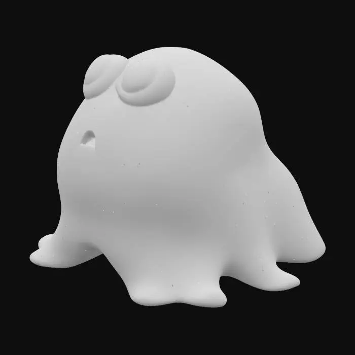 3D model for A cute, bulbous creature resembling a translucent yellow blob, made of a soft, slime material with a smooth, shiny, and somewhat wet texture. Its vibrant, luminous yellow body has an amber hue and an amorphous, rounded shape, with liquid drips forming off its sides and pooling slightly at its base. It features large, surprised black eyes with tiny highlights and a small, open oval mouth, conveying a startled expression on its adorable form. solid model