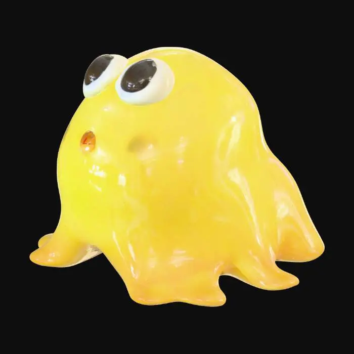 3D model for A cute, bulbous creature resembling a translucent yellow blob, made of a soft, slime material with a smooth, shiny, and somewhat wet texture. Its vibrant, luminous yellow body has an amber hue and an amorphous, rounded shape, with liquid drips forming off its sides and pooling slightly at its base. It features large, surprised black eyes with tiny highlights and a small, open oval mouth, conveying a startled expression on its adorable form. solid model