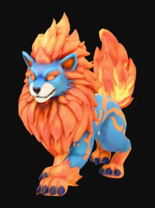 3D model for A powerful fusion between an Entei and a Raikou pokemon. Highly detailed, fantasy, polished, full body