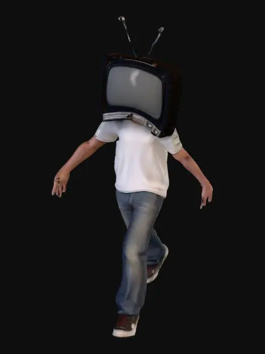 3D model for A realistic young man in casual clothes holding an early 20th century retro television on his shoulder with one arm, like carrying a boombox. The television is bulky with antennas and dials, detailed PBR textures, realistic lighting and materials.

holding the tv on shoulder with left hand and other hand on the hip
