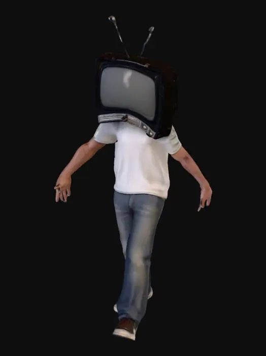 3D model for A realistic young man in casual clothes holding an early 20th century retro television on his shoulder with one arm, like carrying a boombox. The television is bulky with antennas and dials, detailed PBR textures, realistic lighting and materials.

holding the tv on shoulder with left hand and other hand on the hip
