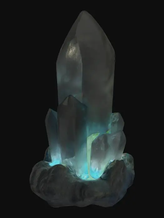 3D model for Glowing Crystal, Blue, Clear, Lamp, Black rock base, realistic, HD