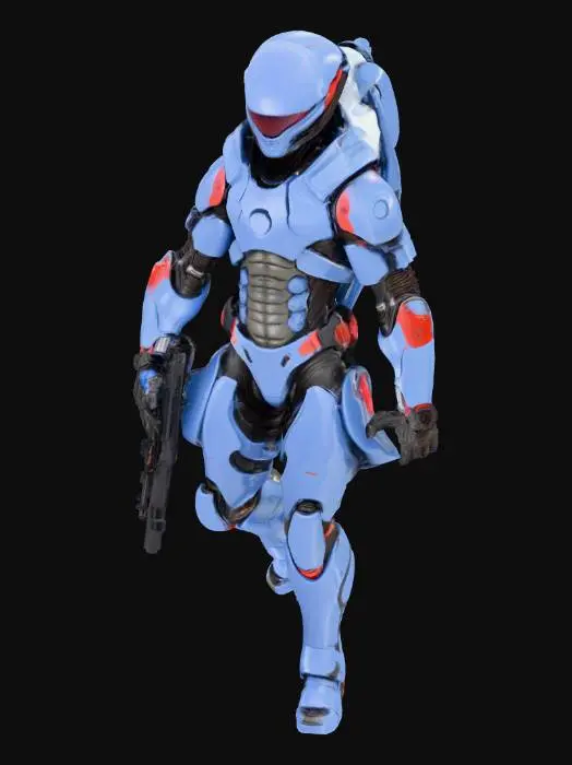 3D model for A Scout from an alien civilization with a streamlined, bionic body covered in deep blue high-hardness ceramic armor. Red biopolymer patches are visible at the armor joints. He carries a rifle that fires high-thermal plasma. Requirement: Biomechanic style, emphasize the smoothness and hardness of the ceramic, precise gaps and connection details between armor plates.