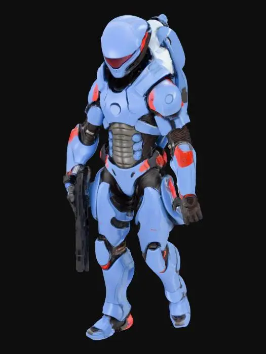 3D model for A Scout from an alien civilization with a streamlined, bionic body covered in deep blue high-hardness ceramic armor. Red biopolymer patches are visible at the armor joints. He carries a rifle that fires high-thermal plasma. Requirement: Biomechanic style, emphasize the smoothness and hardness of the ceramic, precise gaps and connection details between armor plates.