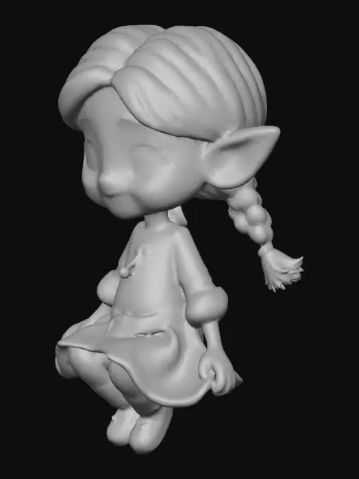 3D model for "A stylized, cute female gnome sitting in mid-air, floating sitting pose, no base, no floor, no rocks, isolated character, 3D game asset, fantasy villager outfit, braided hair, high detail, high quality textures, low poly, cartoon style. sitting on an invisible chair"