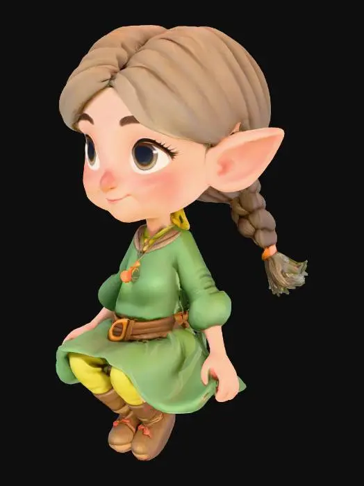 3D model for "A stylized, cute female gnome sitting in mid-air, floating sitting pose, no base, no floor, no rocks, isolated character, 3D game asset, fantasy villager outfit, braided hair, high detail, high quality textures, low poly, cartoon style. sitting on an invisible chair"