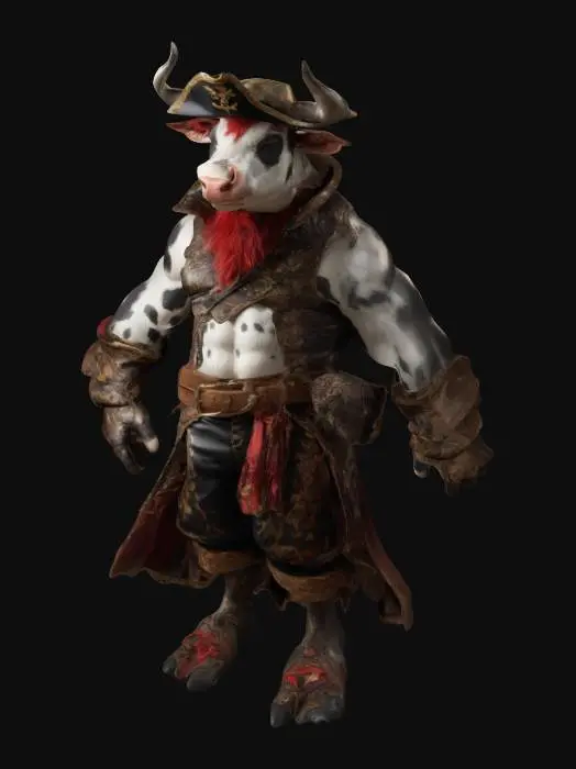 3D model for a creature that resembles a cow or a fantasy pirate. It has a muscular humanoid body with fur covering its skin, predominantly in shades of black and white. The creature's face is aloof and animalistic. It is wearing a pirate costume that appears to be made of leather and cloth, with intricate designs.