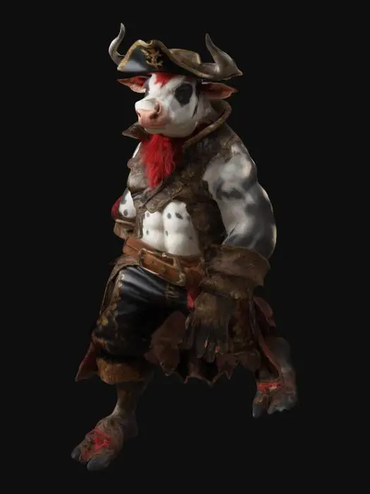 3D model for a creature that resembles a cow or a fantasy pirate. It has a muscular humanoid body with fur covering its skin, predominantly in shades of black and white. The creature's face is aloof and animalistic. It is wearing a pirate costume that appears to be made of leather and cloth, with intricate designs.