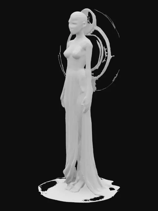 3D model for 一位科幻幻想风格的水星人，身形修长，线条流畅且优雅。其皮肤或外壳呈现出如温润玉石般的质感，表面泛着细腻的光泽，仿佛融合了未来科技与古典韵味。色彩以柔和的银灰、淡蓝为主，局部点缀着微弱的金色或紫色光晕。面部轮廓柔和，眉眼间流露着智慧与宁静，触感应是冰凉而光滑的。整体造型兼具空灵与科技感，符合东方审美中对和谐与内敛的追求。