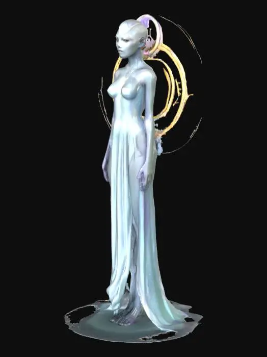 3D model for 一位科幻幻想风格的水星人，身形修长，线条流畅且优雅。其皮肤或外壳呈现出如温润玉石般的质感，表面泛着细腻的光泽，仿佛融合了未来科技与古典韵味。色彩以柔和的银灰、淡蓝为主，局部点缀着微弱的金色或紫色光晕。面部轮廓柔和，眉眼间流露着智慧与宁静，触感应是冰凉而光滑的。整体造型兼具空灵与科技感，符合东方审美中对和谐与内敛的追求。