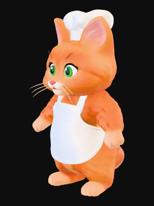 3D model for fluffy orange cat standing in two feet's wearing apron and restaurant hat in t pose