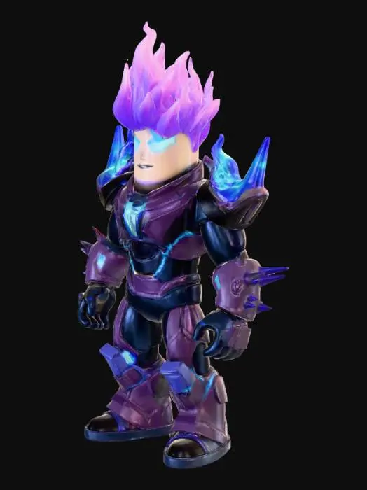 3D model for Create a Roblox-style humanoid avatar character inspired by a powerful warrior similar to Goku, with a unique futuristic and magical twist.
The character should have glowing purple hair with animated blue flames surrounding it, a muscular but stylized Roblox body, and blue energy aura effects around the arms and torso.
The outfit should be a combat suit in tones of dark purple and black, with neon blue glowing lines and spiked shoulder armor.
Add animated blue fire effects on the hands and feet, and glowing eyes.
The style must match Roblox UGC avatar proportions (blocky yet stylized), and look suitable for upload to the Roblox avatar catalog.
Make sure it looks cool, heroic, and powerful, with smooth and clean 3D geometry for game use.