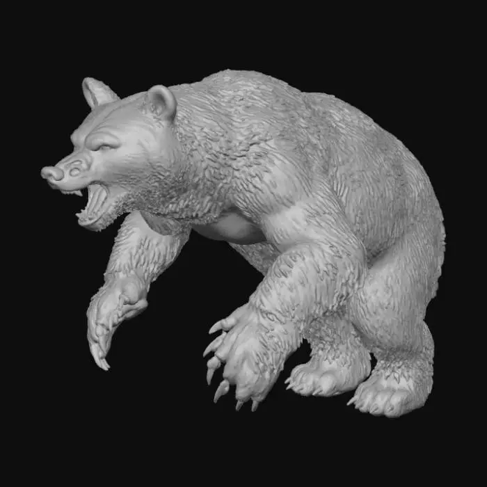 3D model for "Crea un personaje de oso terrorífico y realista. Es enorme, de pelaje negro, con ojos rojos brillantes y expresión feroz y amenazante. Tiene colmillos largos y afilados, mostrando su agresividad, y se encuentra en un entorno oscuro y sombrío, con niebla y sombras que aumentan el miedo. Que la imagen transmita terror y tensión, estilo hiperrealista, con atención al detalle en el pelaje, ojos y colmillos."