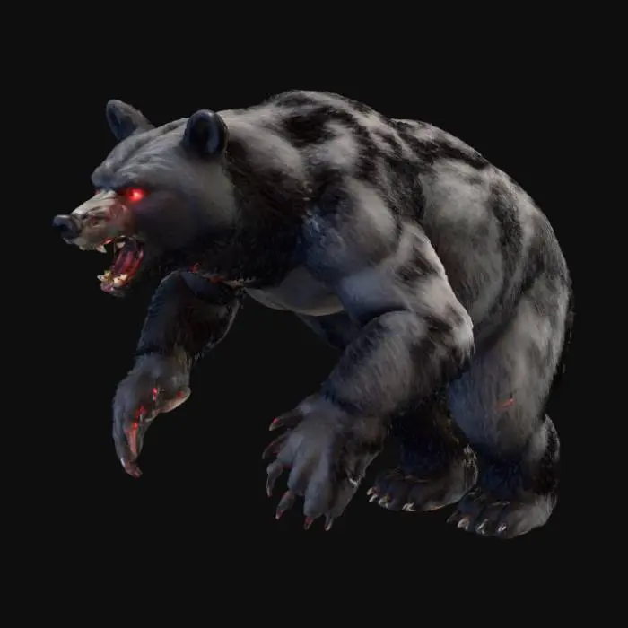 3D model for "Crea un personaje de oso terrorífico y realista. Es enorme, de pelaje negro, con ojos rojos brillantes y expresión feroz y amenazante. Tiene colmillos largos y afilados, mostrando su agresividad, y se encuentra en un entorno oscuro y sombrío, con niebla y sombras que aumentan el miedo. Que la imagen transmita terror y tensión, estilo hiperrealista, con atención al detalle en el pelaje, ojos y colmillos."