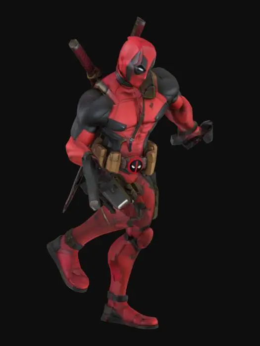 3D model for Deadpool con las katanas en la espalda y las pistolas en las manos
