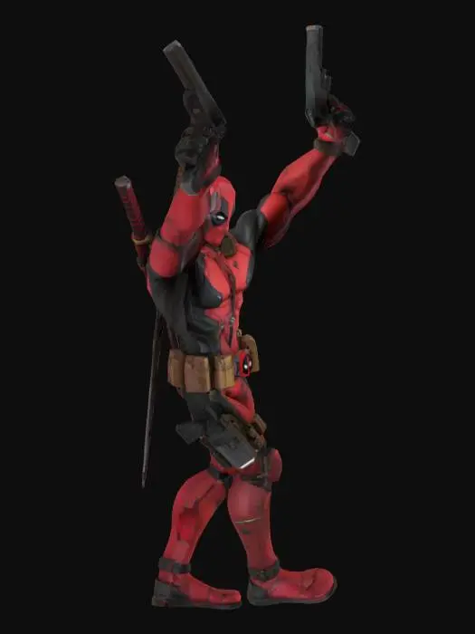 3D model for Deadpool con las katanas en la espalda y las pistolas en las manos
